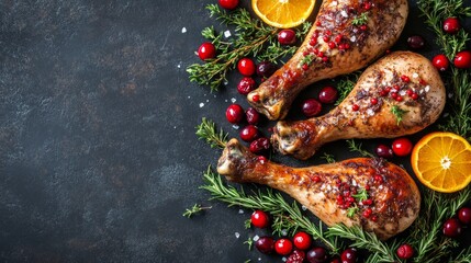 Succulent roasted chicken drumsticks with cranberries and oranges on a rustic backdrop