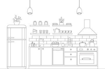 Kitchen furniture. Vector illustration in line art style. Kitchen appliances contour.