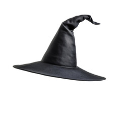 a classic black witch hat with a pointed tip and wide brim isolated on white