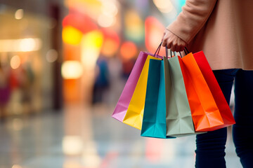 Stylish woman holding a variety of colorful handbags inside an upscale fashion store