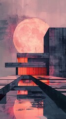 Abstract Illustration Building with Orange Sun and Ink Splatter Art