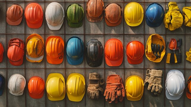 Collection of construction safety gear such as hard hats, gloves, and safety vests neatly arranged