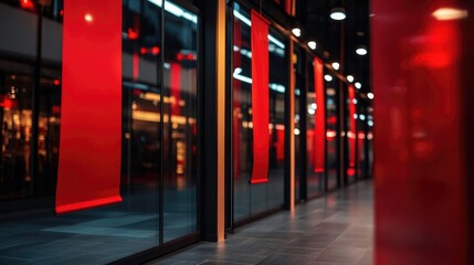 A vibrant, modern space featuring red banners and reflective glass walls, creating a striking visual impact at night.