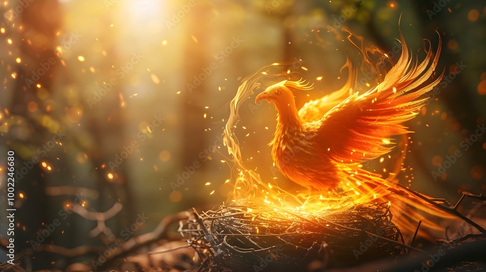 Poster magnificent virtual phoenix with customizable nest and luminous trail of light and warmth