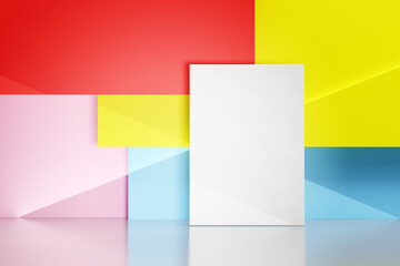 Fototapeta premium Single white blank canvas on colorful geometric background