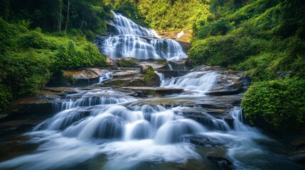 Obraz premium The cascading Mae Ya Waterfall in Doi Inthanon National Park, surrounded by lush green forests.