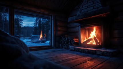 A cozy cabin interior with a roaring fireplace, surrounded by snowy wilderness, evoking warm feelings on a cold evening.