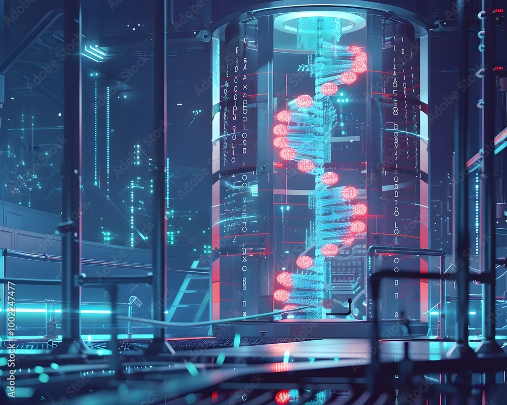 Poster dna data storage concept with nanobots inserting genetic sequences in high tech facility