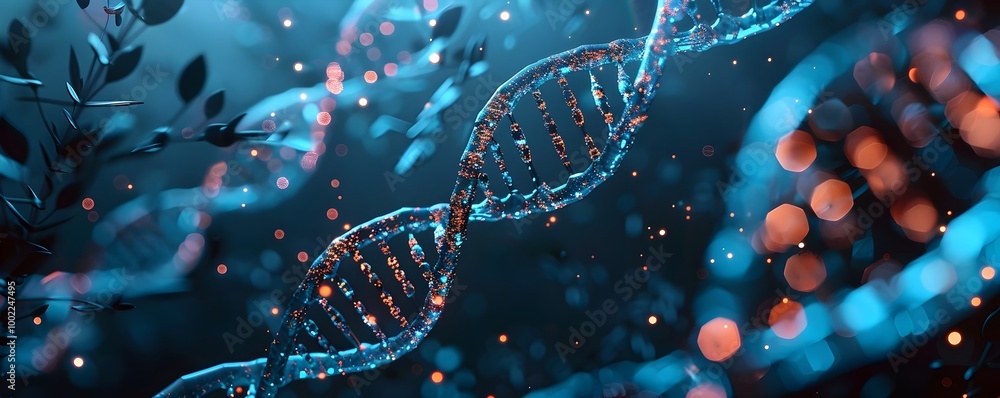 Aufkleber glowing dna strands projecting historical data and images in futuristic data storage concept