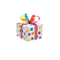 Obraz premium a polka dot gift box with a colorful ribbon isolated on white