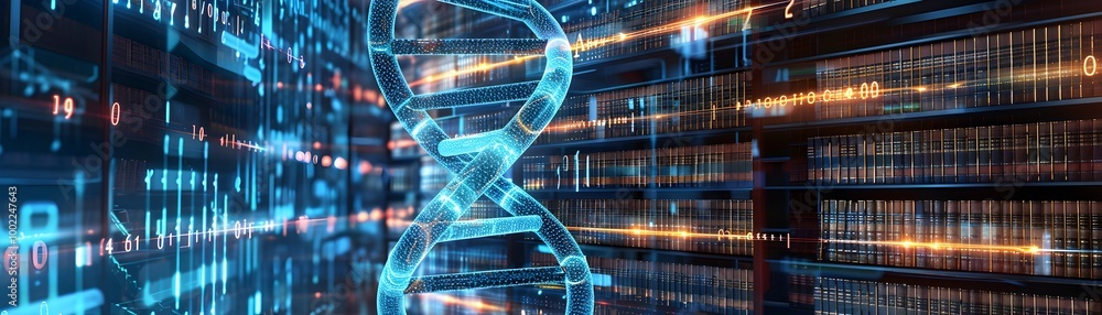 Poster dna data storage concept featuring futuristic library with encoded books and archives