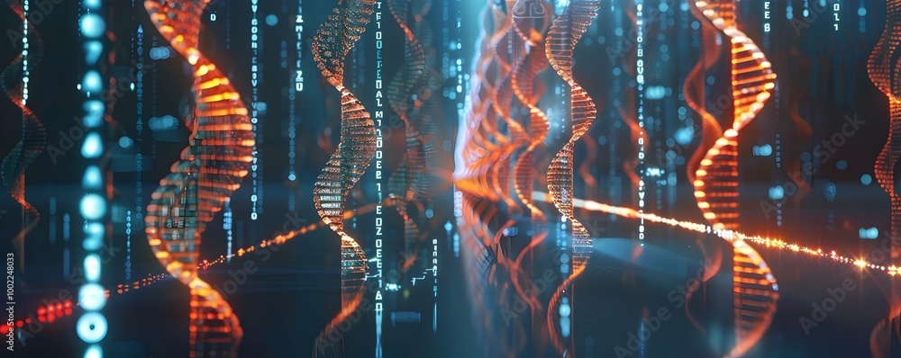Poster holographic dna strands illuminating stored digital data in futuristic science concept