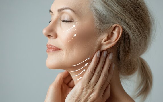 Middle-aged woman gently touching her neck with arrow graphics indicating skincare and rejuvenation techniques