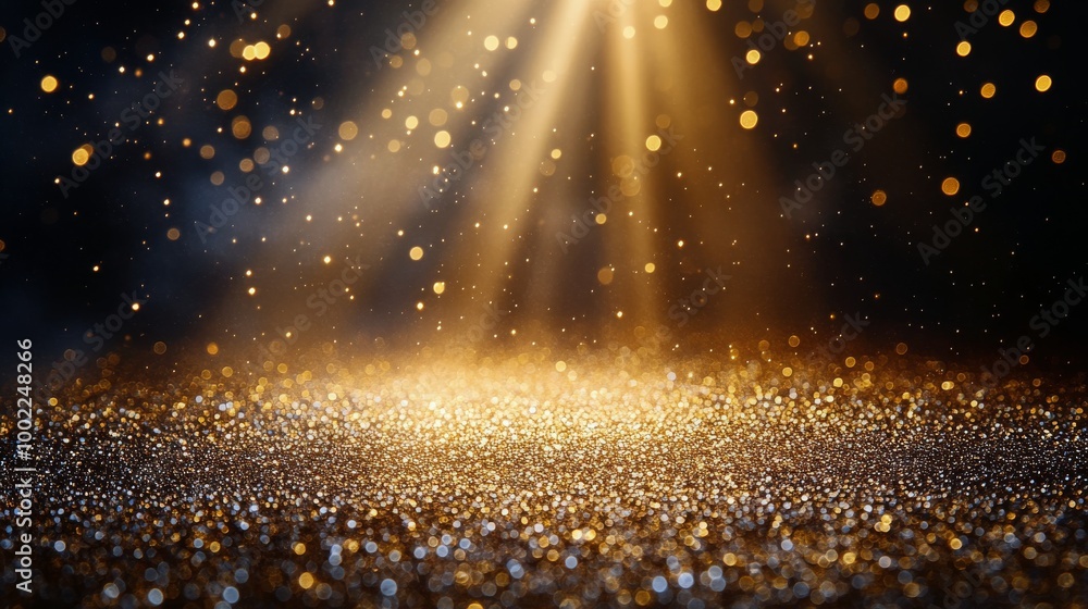 Poster golden sparkles illuminate the stage with light rays creating a magical atmosphere
