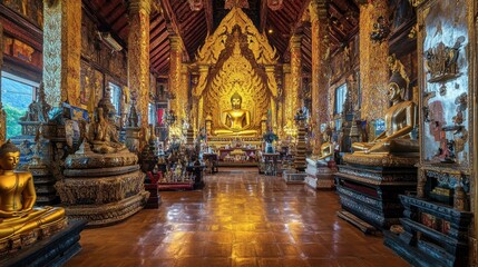 Obraz premium The golden Buddha statues and intricate carvings inside Wat Phra That Doi Kham, a temple high in the hills of Chiang Mai.