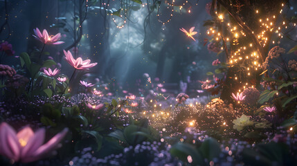 Fototapeta premium A beautiful scene of a jungle filled with fairies and fireflies.