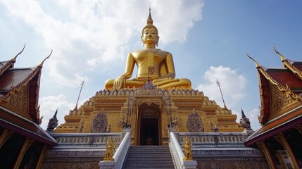 Fototapeta premium The grand Phra Buddha Rattana Mongkol Maha Muni, a sacred golden Buddha statue, towering over Wat Phra That Na Dun.