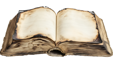 an old open book, blank used paper, burned on the edges, isolated on white background.