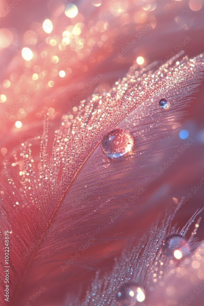 Poster dewdrop resting on a delicate feather with soft bokeh background in warm tones