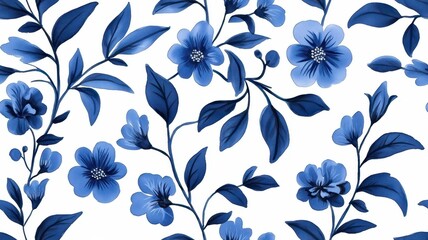 Fototapeta premium A delicate floral pattern featuring blue blooms and green leaves on a white background.