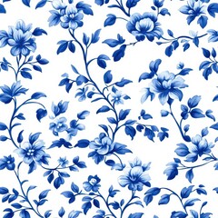 Fototapeta premium A vibrant blue floral pattern on a white background, featuring intricate blossoms and leaves, evoking elegance and classic design.