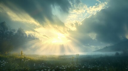 Naklejka premium Sunbeams Through Foggy Meadow with Light Filtering Through Trees