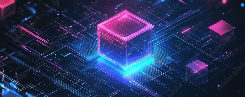 Aufkleber futuristic digital cube illustration with glowing neon colors in a minimalist isometric style depict