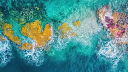 Obraz premium Aerial view of turquoise ocean water with yellow and pink coral reefs.