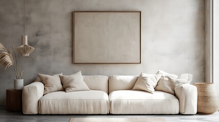 A neutral beige Scandinavian sofa adorned with soft linen pillows, placed against a concrete wall with minimalist hanging art.