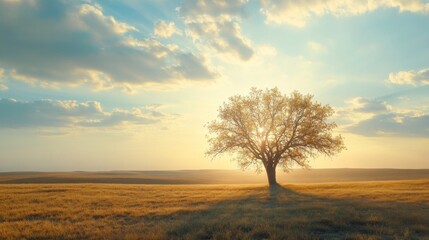 Obraz premium Solitary Tree Silhouetted Against a Golden Sunset Sky