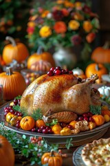 Thanksgiving feast with roasted turkey, seasonal fruits, and decorative autumn elements on the table