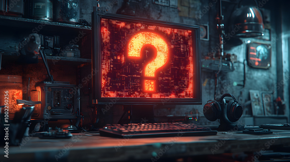 Poster a computer monitor displaying the question mark symbol