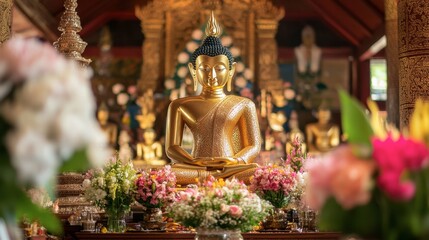 Obraz premium The intricate details of a golden Buddha statue at Wat Sa Prasan Suk, surrounded by offerings and flowers.