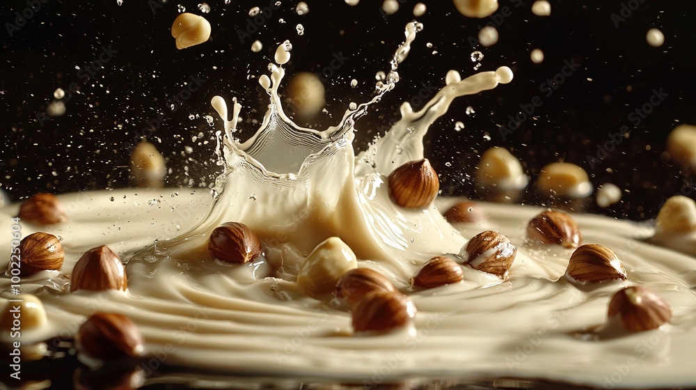 Canvas Prints   A close-up of a milk splash with nuts adjacent to the glass of milk, featuring a milk splash on the side of the glass