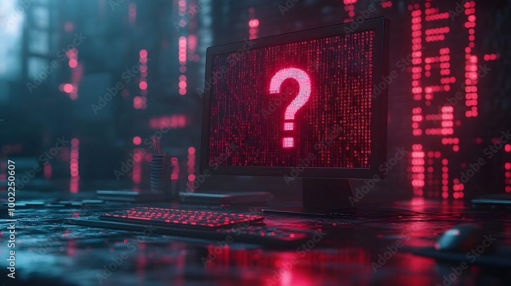 Poster a computer monitor displaying the question mark symbol