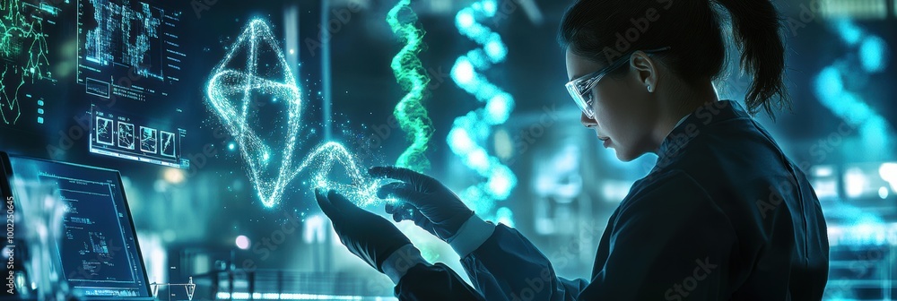 Aufkleber a genetic engineer manipulates holographic dna strands in a futuristic laboratory filled with advanc