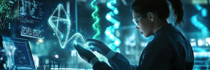 A genetic engineer manipulates holographic DNA strands in a futuristic laboratory filled with advanced equipment. Generative AI