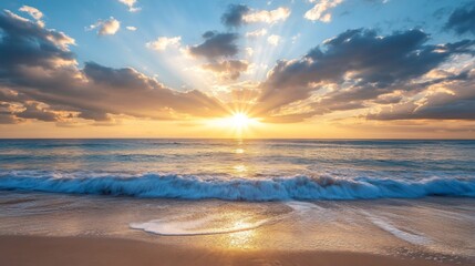 Obraz premium Golden Hour Sunset Over a Beach with Waves and Cloudy Sky