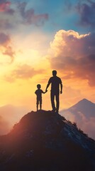 Obraz premium Silhouette of a father and son holding hands on top of a mountain at sunset, with mountains in the background