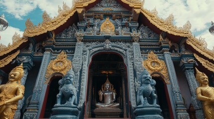Fototapeta premium The majestic entrance of Wat Phra That Nong Bua, decorated with intricate details and statues.