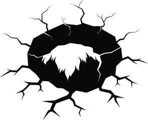 Silhouette of a cracked hole in the ground. Vector illustration on black and white.