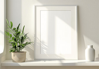White frame in a bright interior Mockup. Vertical picture lighted by the sun with soft shadows. Generative ai