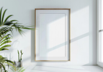 Wooden frame in a bright interior Mockup. Vertical picture lighted by the sun with soft shadows. Generative ai