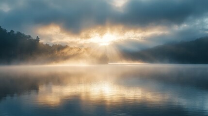 Fototapeta premium Sunbeams Pierce Through Clouds and Fog Over a Tranquil Lake
