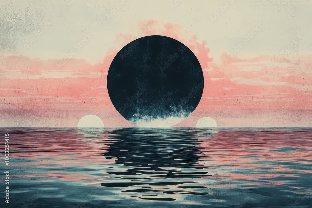 Poster minimalistic graphic design of oceanic scene with surreal landscape and abstract geometric elements 