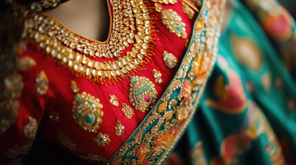 A luxurious silk bridal lehenga in vibrant hues, with stunning gold embroidery and traditional bridal jewelry.