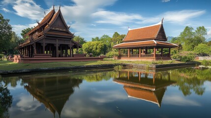 Fototapeta premium The peaceful atmosphere of Wat Thung Si Muang, with its traditional wooden temple and reflecting pond.