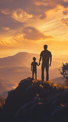 Fototapeta premium Silhouette of a father and son holding hands on top of a mountain at sunset, with mountains in the background
