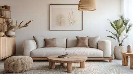 A Scandinavian-inspired living room with a light taupe sofa, natural wooden accents, and neutral-toned pillows.
