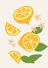 Abstract vertical lemons poster, vector flat illustration. Summer or autumn bright pattern with tropical citrous fruit, harvest cover design. Can used for labels, market ad, posters, covers for print.